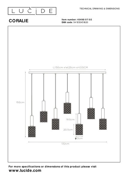 Lucide CORALIE - Pendant light - 7xE27 - Matt Gold / Brass - technical